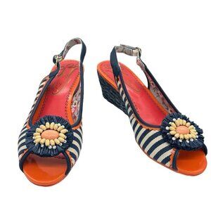 Poetic Licence London Pinup Orange/Navy Sunflower Espadrille Open-toe Heels 8.5